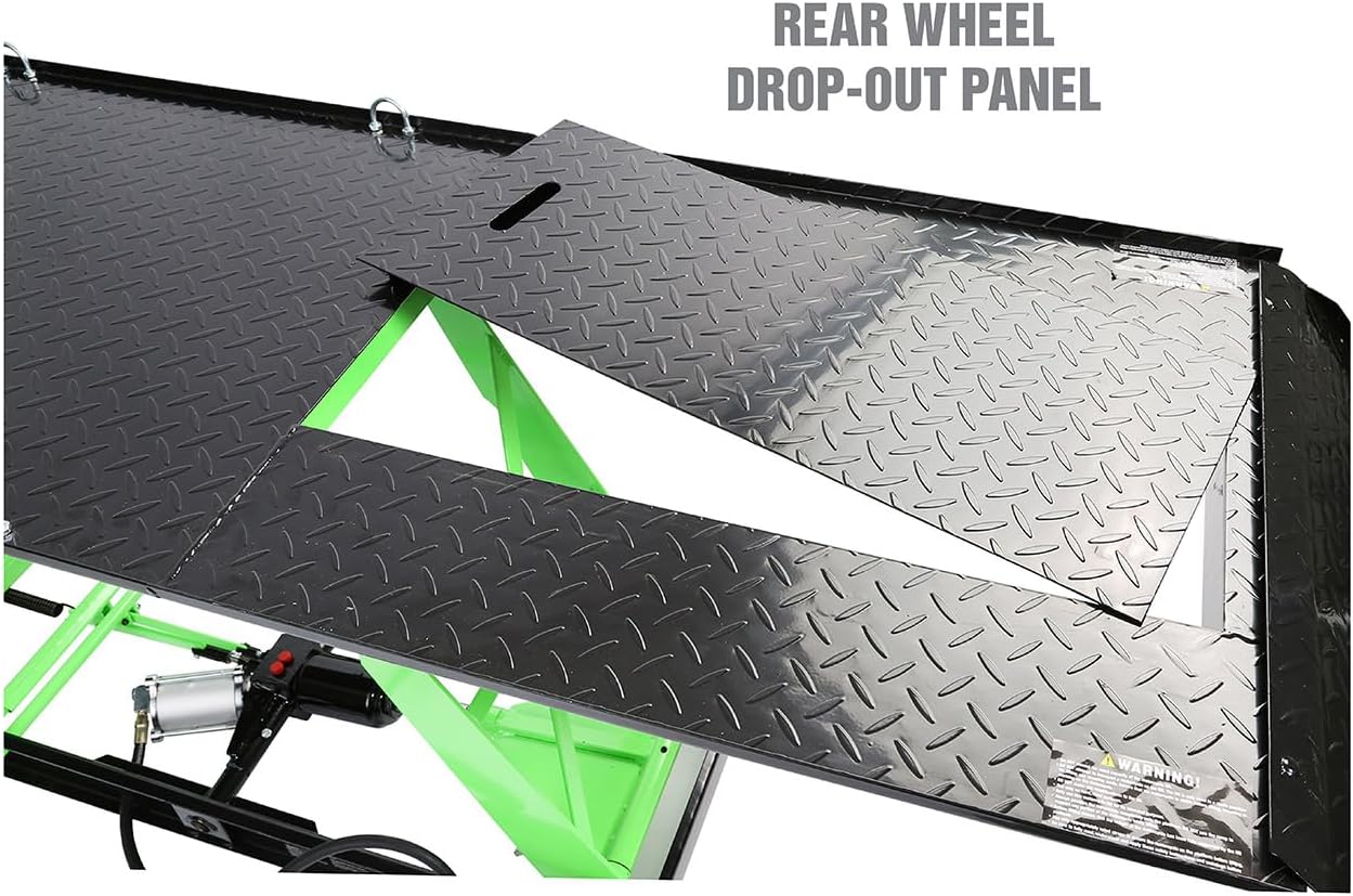 Rear wheel drop-out panel on the motorcycle lift.