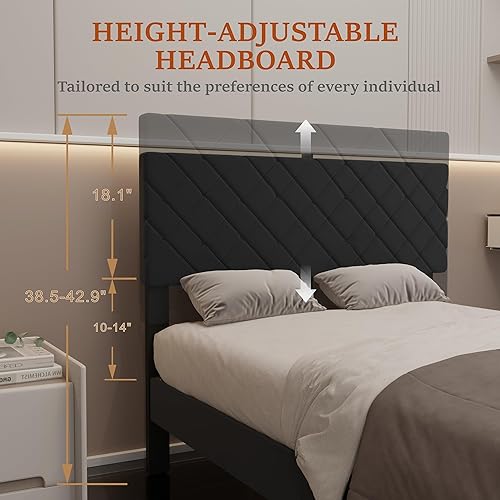 Miniatura 6 de Base de cama de tamaño individual con cabecera ajustable, plataforma tapizada de terciopelo, marcos de cama individual con fuerte soporte de