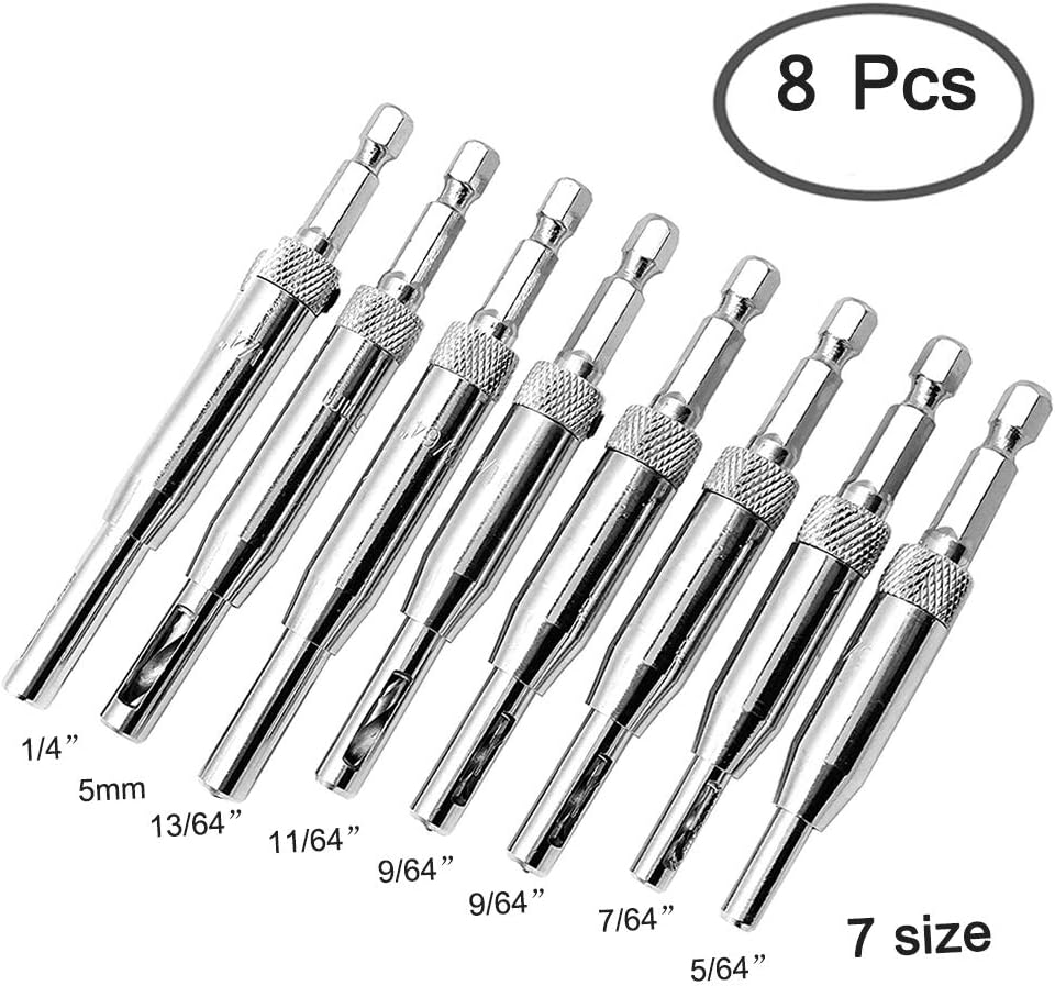 8 pcs Center Drill Bit Set, AFUNTA Self Centering Hinge Tapper Core Hole Puncher Woodworking Tools for Cabinet Door 5/64'' 7/64'' 9/64'' 11/64'' 13/64'' 5mm 1/4''