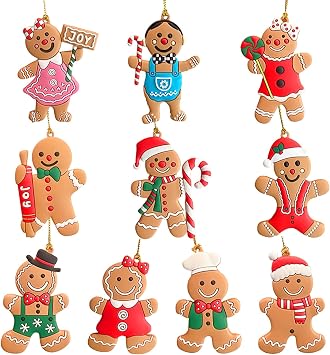 10pcs Gingerbread Man Ornaments for Christmas Tree, Assorted PVC Clay Gingerbread Figurines Ornaments, Christmas Tree Hanging Decorations, 3 Inch Tall