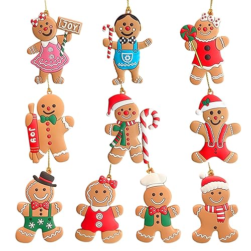 10pcs Gingerbread Man Ornaments for Christmas Tree, Assorted PVC Clay