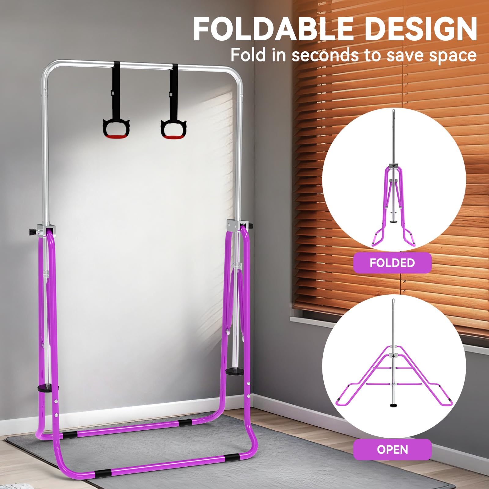 Barra de Gimnasia para Niños, Altura Ajustable y Plegable – con Anillos, Barra Horizontal para Interior, Equipo de Entrenamiento en Casa para Niñas y Niños