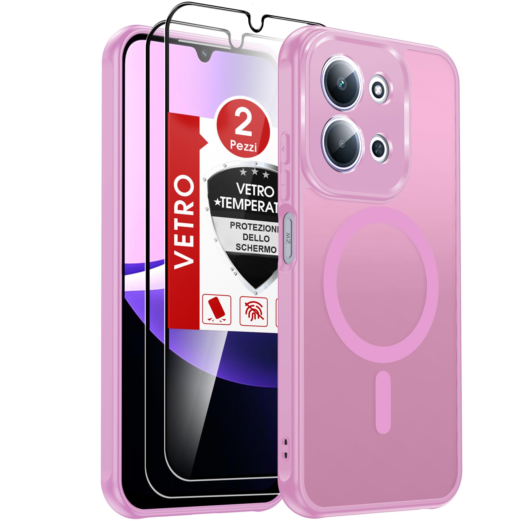 LeYi Cover Magnetica per Redmi 15C 4G/5G con 2 Pezzi Vetro Temperato, Custodia per Xiaomi Redmi 15 C Traslucida Opaca Anti-Impronte Resistente ai Graffi Paraurti in TPU Antiurto Protettiva Case, Rosa