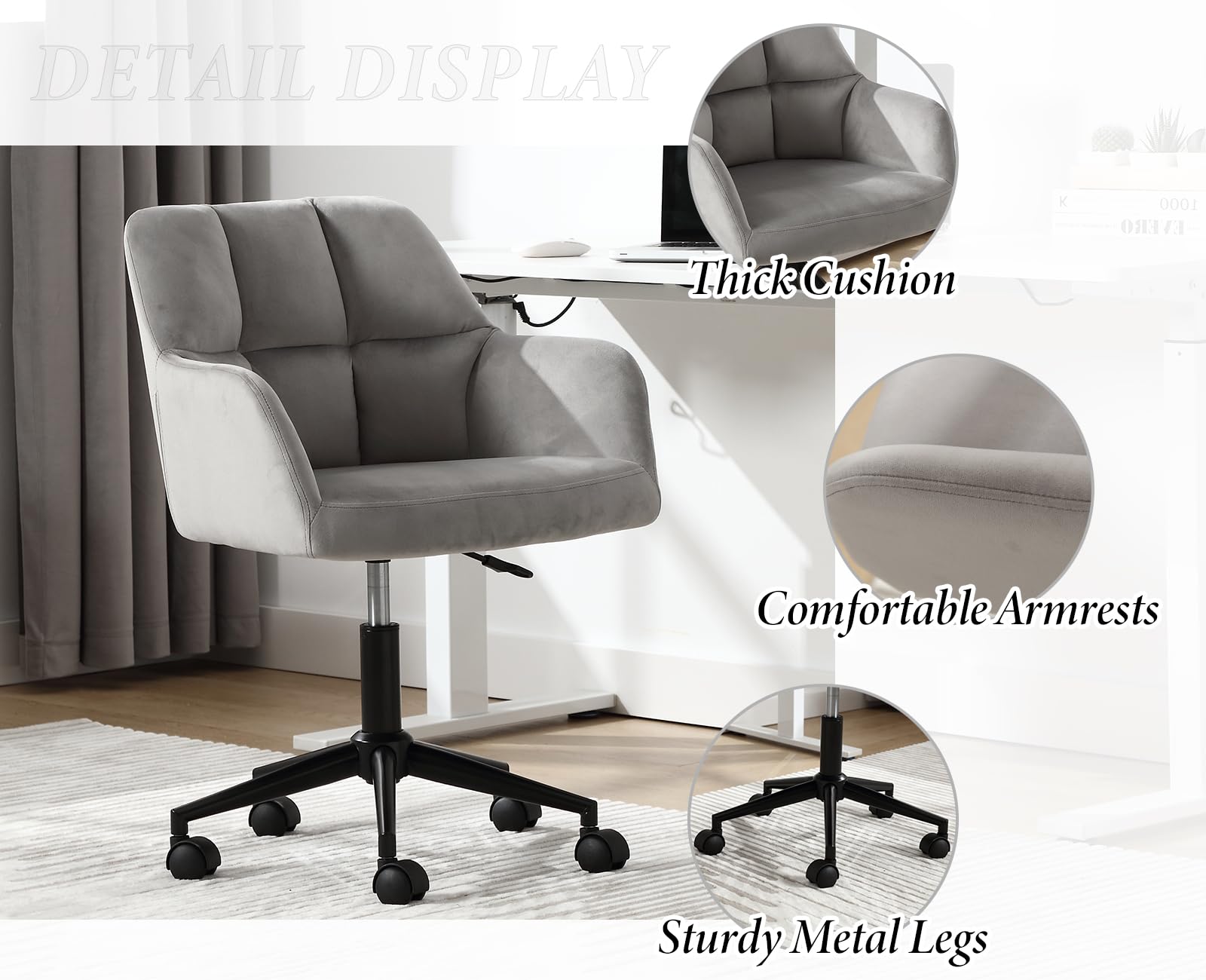 chairus Chaise de Bureau en Velours Fauteuil Travail Pivotant à 360° pour Salon Chambre Chaise Rembourré avec Hauteur Réglable (Gris (roulettes))