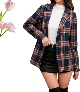 Plaid Suit Jacket Jacket for Womens Long Sleeve,Long Sleeve Work Office Suit Jacket, Fall Winter Lapel Button Formal Business