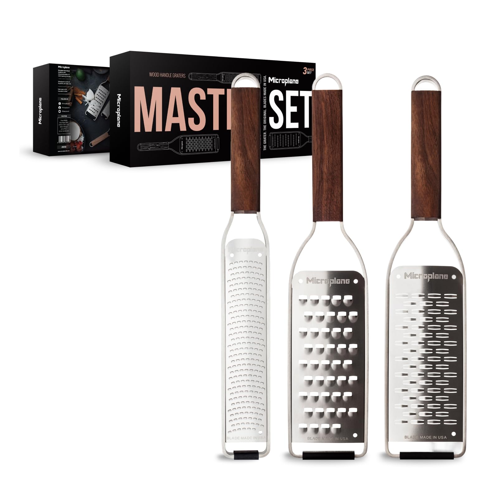 Microplane Master Series 3-częściowy zestaw tarek premium, wstążka i bardzo grube tarki, bardzo ostre ostrza ze stali nierdzewnej, uchwyty orzechowe, wyprodukowane w USA, profesjonalne narzędzia