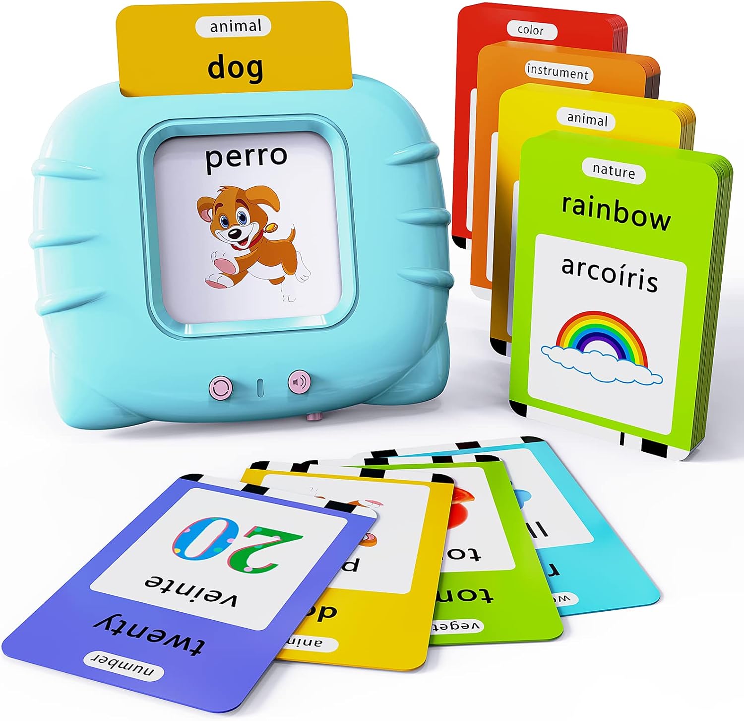 Lapare Spanish and English Bilingual Audible Flash Cards Toy with Music, Learn Spanish and English for Kids, Niñas, Niños, Bebes 521 Sight Words Bilingual + 4 songs Cyan