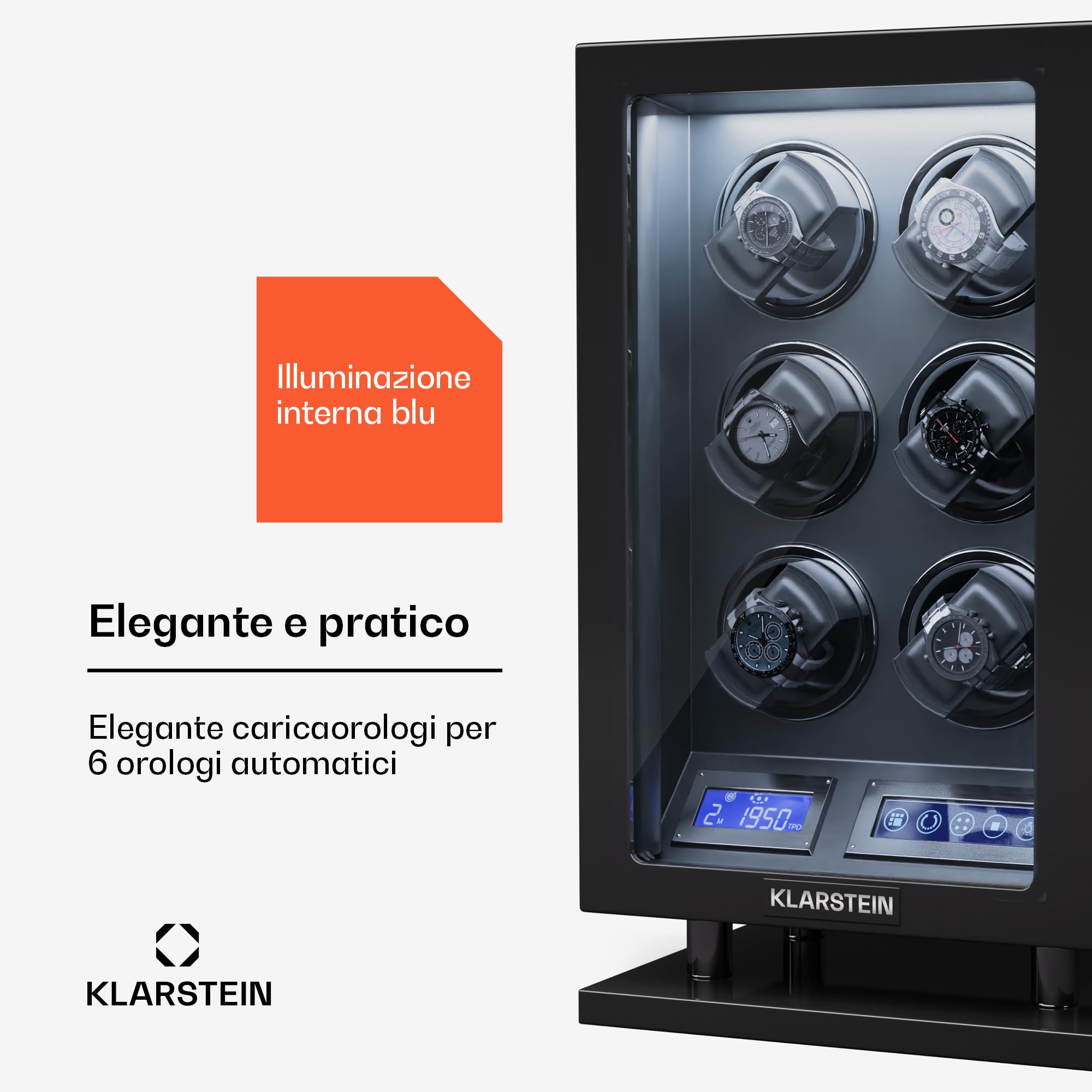 KLARSTEIN - Caricatore Rotante per 6 Orologi Automatici, sportello in Acrilico, LED Blu, 5 impostazioni TPD, Carica Orologi Automatico con mantenitore di Carica