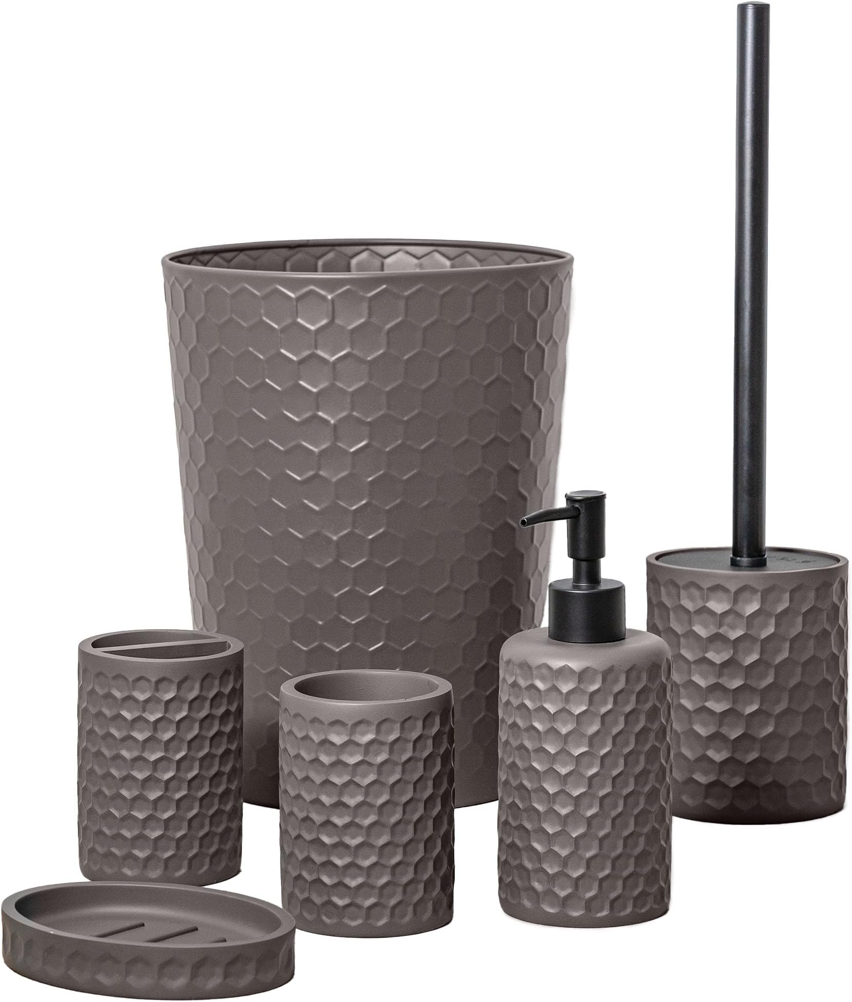 zccz Bathroom Accessory Set, 6 Piece Warm Grey Bathroom Accessories Set with Trash Can, Toothbrush Holder, Toothbrush Cup, Soap Dispenser, Soap Dish, Toilet Brush with Holder, Trash Can