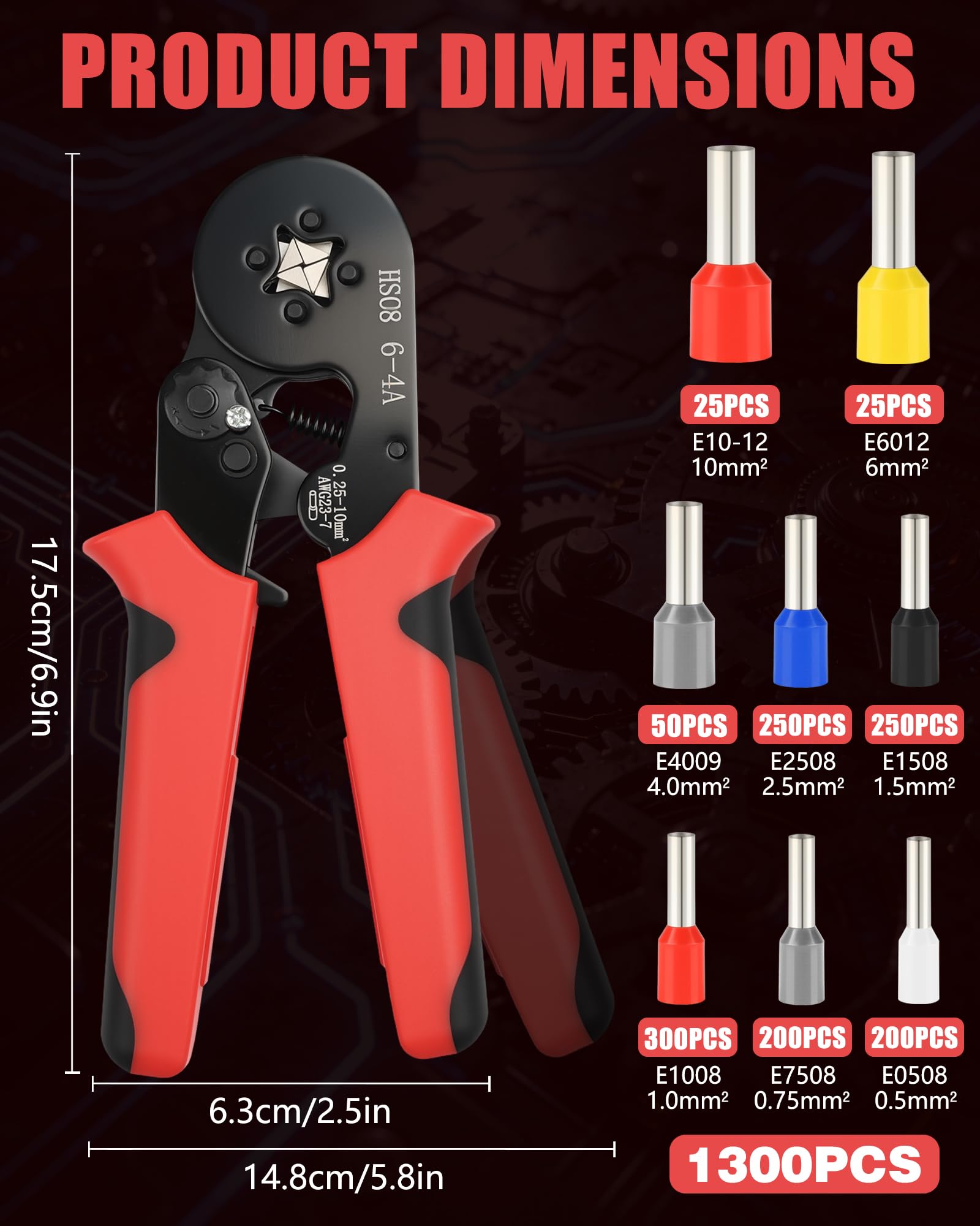 Crimpadora Terminales Eléctricos Profesional 0.25-10mm², 1300 Piezas Terminales Eléctricos para Punteras Huecas, Alicates Prensa Terminales Autoajustable con Trinquete para Electricistas