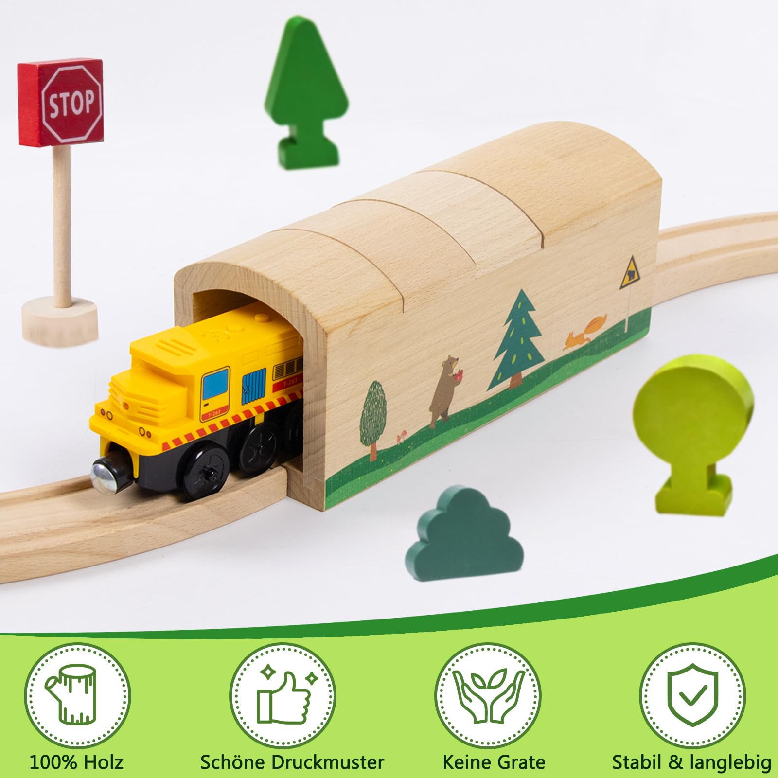 Ensemble tunnel et pont en bois avec rails en S, accessoires de pont de chemin de fer en bois, compatible avec les principales marques de chemins de fer, jouets pour enfants à partir de 3 ans (animaux