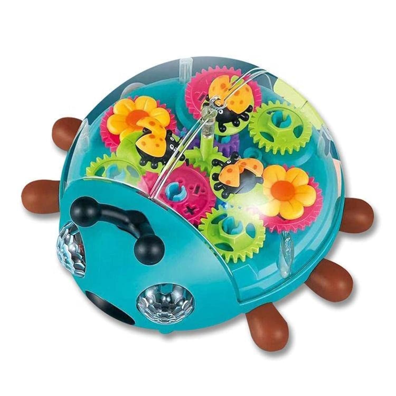 Nenekal Transparent Electric Ladybug Gear Toddler Toy with Flashing LED Lights and Music, Automatically Changes Direction, Great Gift for Boys Girls,