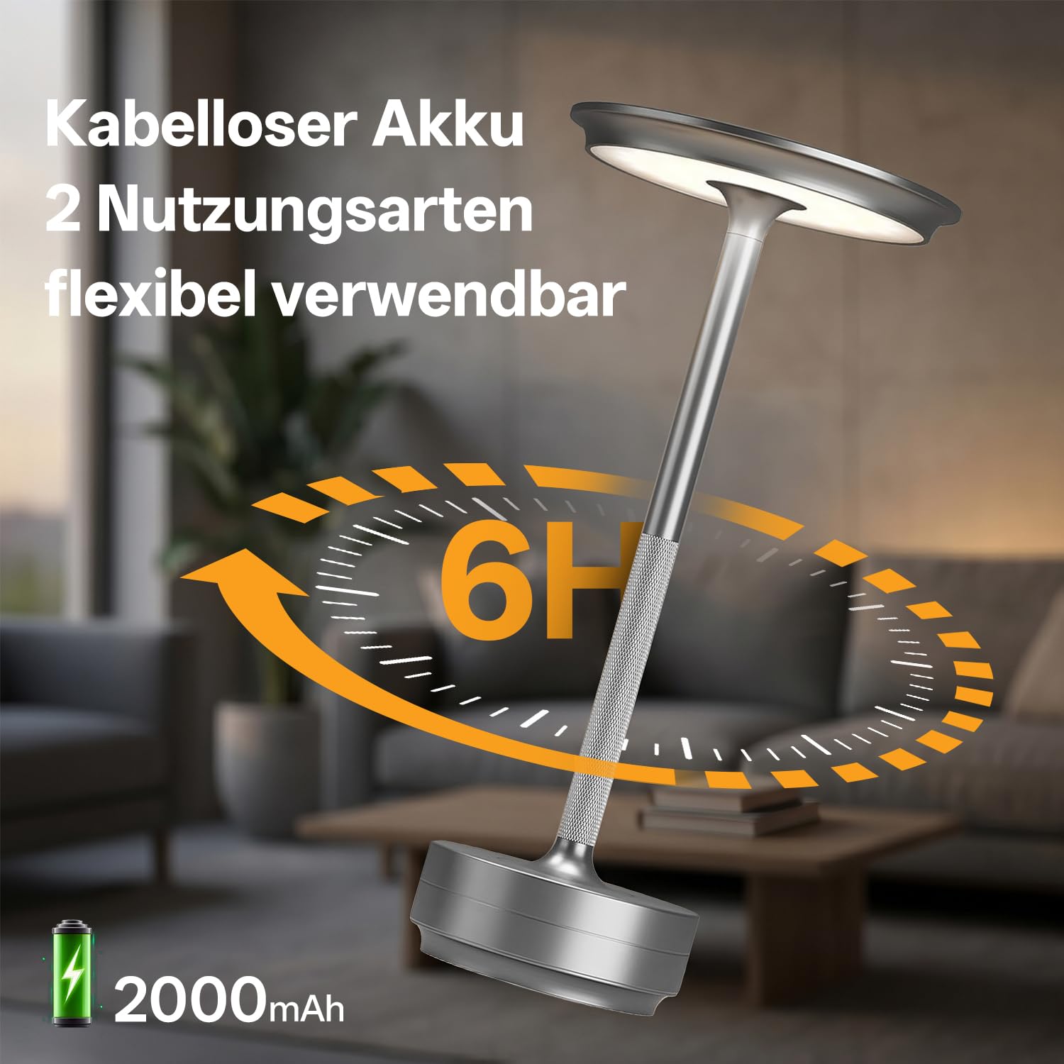 Gresonic 2er led akku tischleuchte nachttischlampe–tischlampe Silber per Touch dimmbar, lampe akku mit USB,tischlampe akku für modernes Wohnzimmer, Schlafzimmer Außenbereich vintage tischlampe