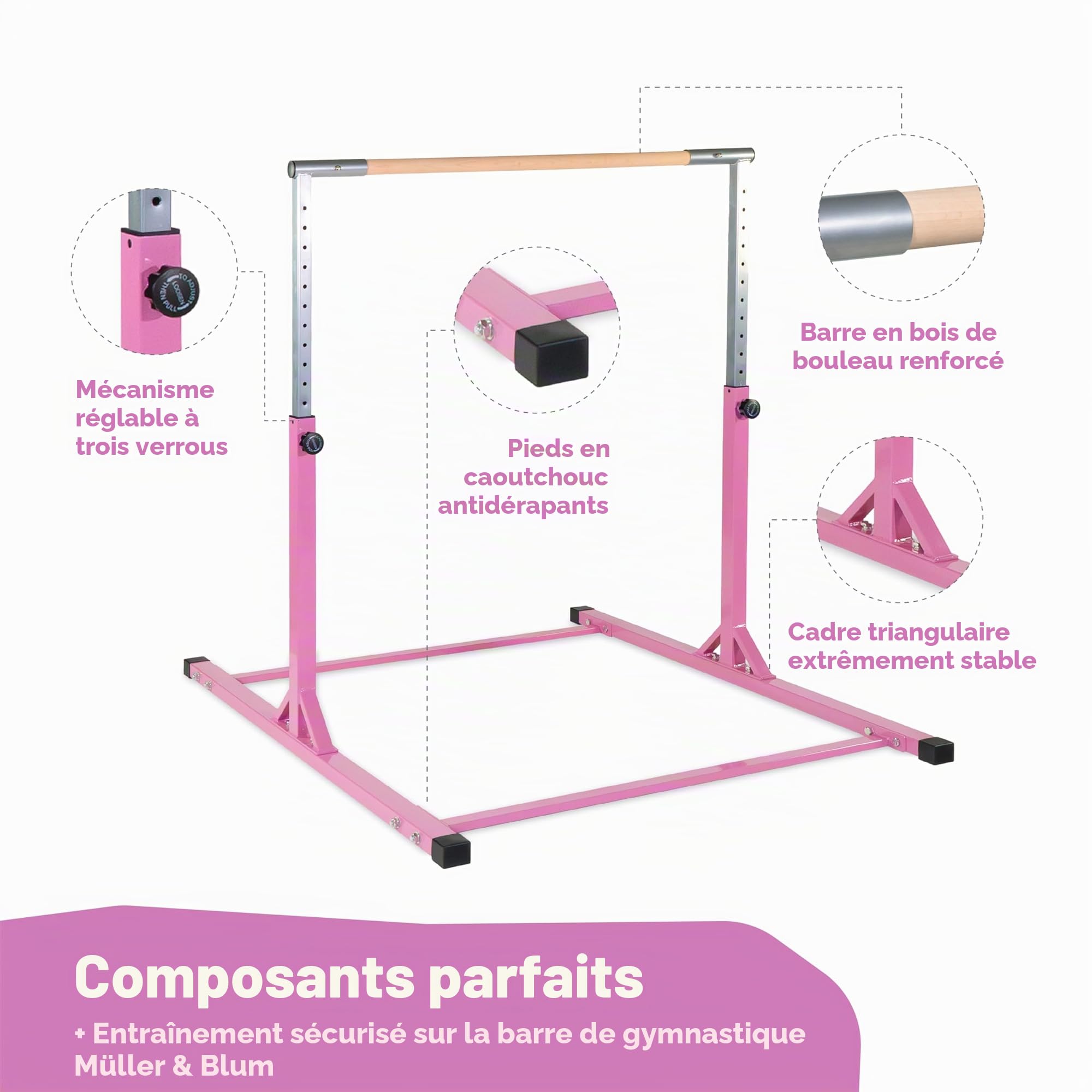 Müller & Blum Barre de Gymnastique Premium pour Enfants, Appareil de Gymnastique réglable en Hauteur pour intérieur & extérieur, capacité de Charge 200 kg, optionnel avec Tapis