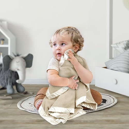 Miniatura 4 de lulumoon Manta de bebé para envolver manta de gofre con ribete satinado, mantas suaves y transpirables para niños pequeños, perfectas para cubierta