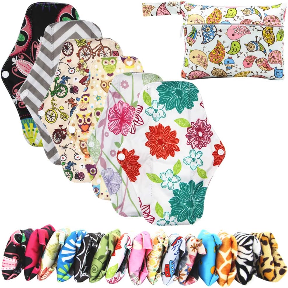 Asenappy Reusable Cloth Menstrual Pads Charcoal Bamboo Sanitary Pads Panty Liners 6 PCS Medium