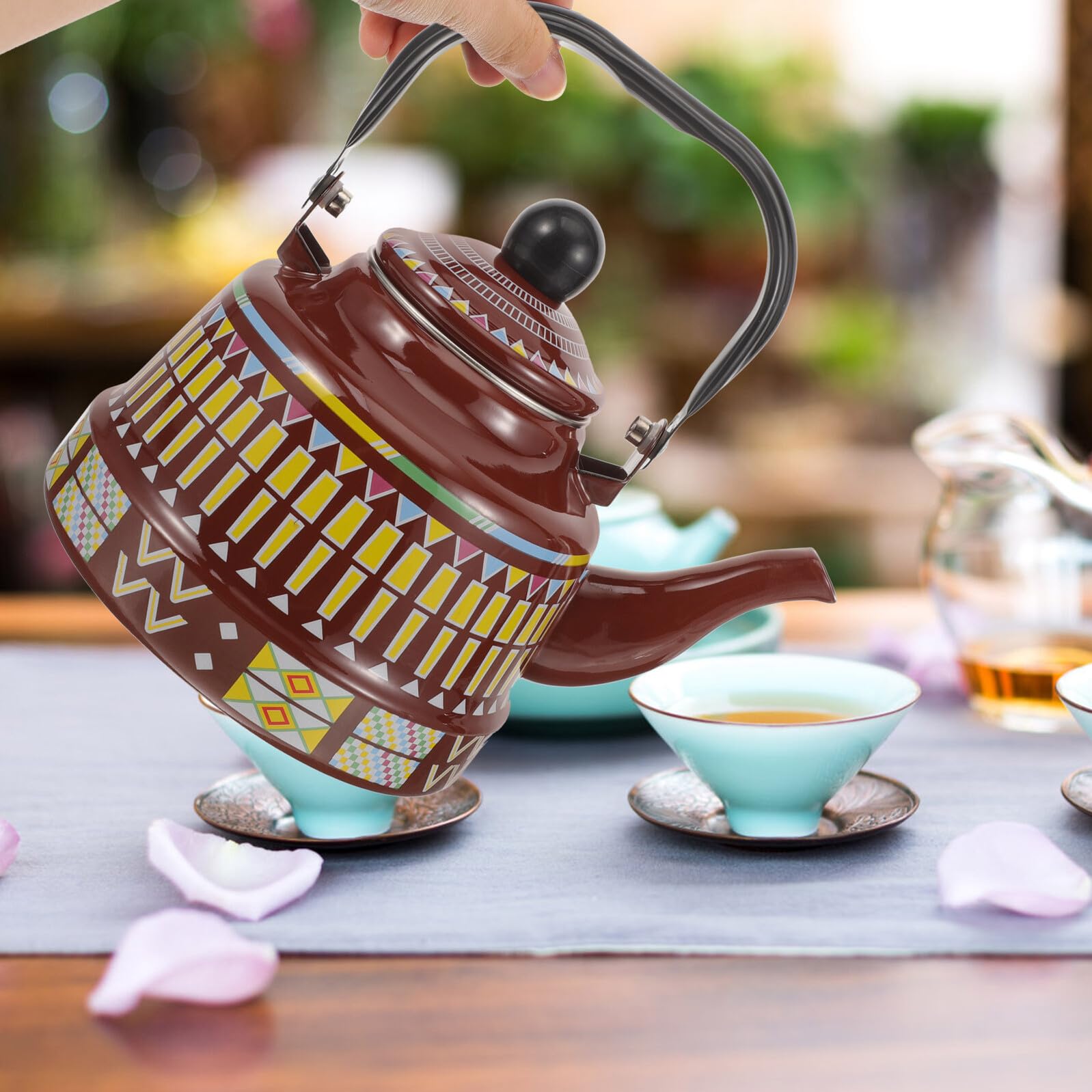 Homoyoyo Hervidor de Agua Vintage 1,7 Litros Esmaltado Tetera para Estufa Asa Tetera para Cocina Uso Diario Camping y Hogar Diseño Geométrico Marrón