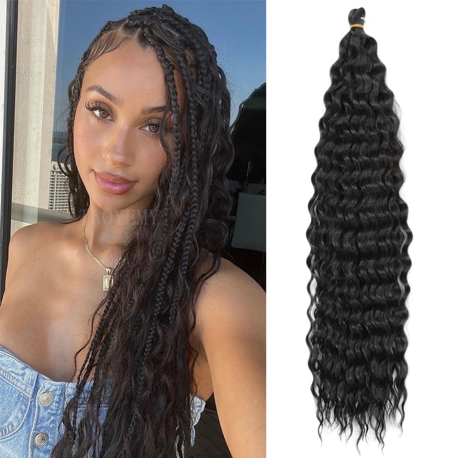 TAOYEMY Deep Wave Crochet Curly Braiding Hair 16 Inch 6 Packs Ocean Wave Crochet Hair Extensions Synthetic Curly Crochet Hair For Women (1B