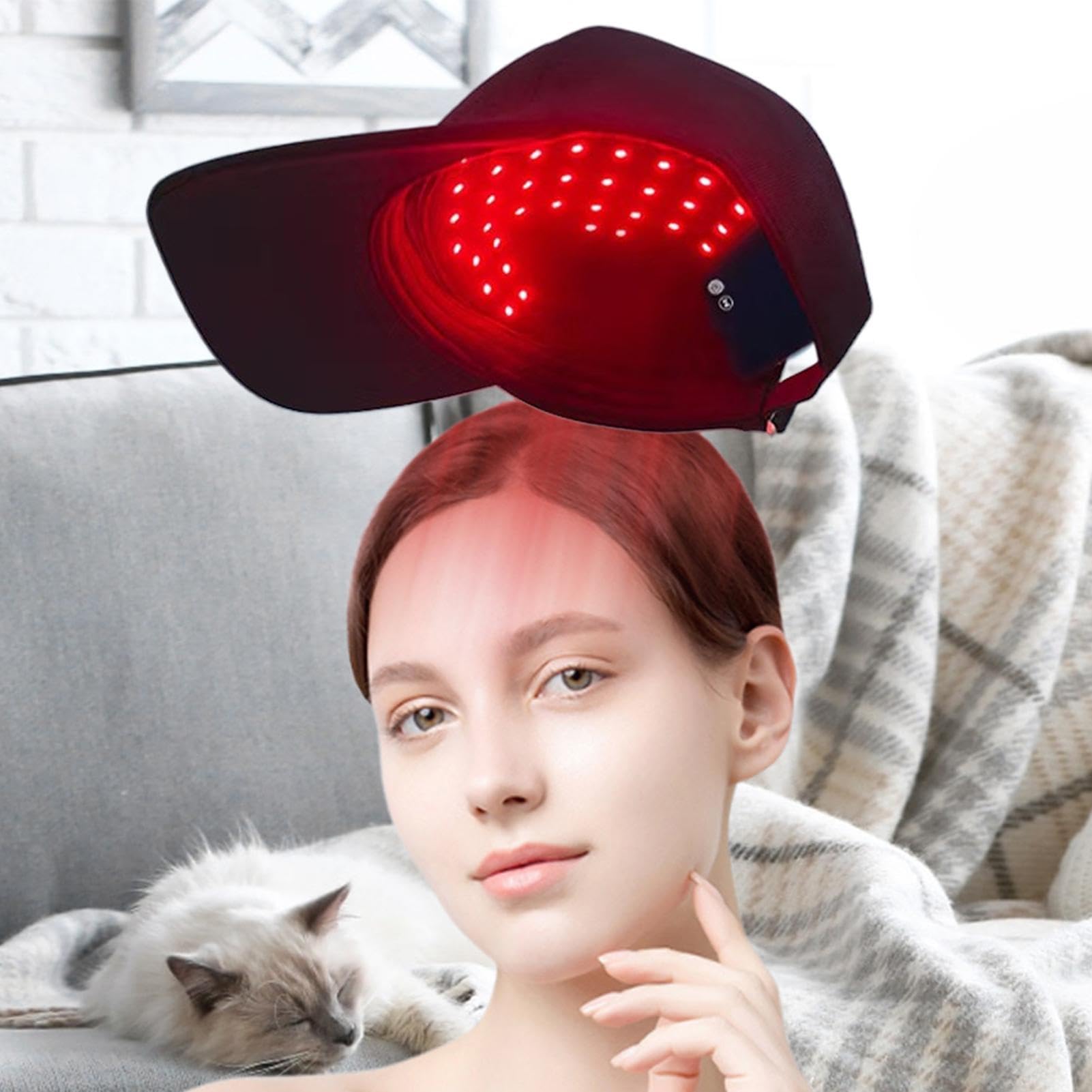 Haarwachstumshut - Schwarz/Rot, 450nm/660nm LED Pflege Beruhigende Verdickung Hut, Rotlichtkappe für Zuhause, Verstellbare Träger, 80 Medizinische LEDs, 10 Minuten Timer | Reisen, Kopfhaut, Täglicher
