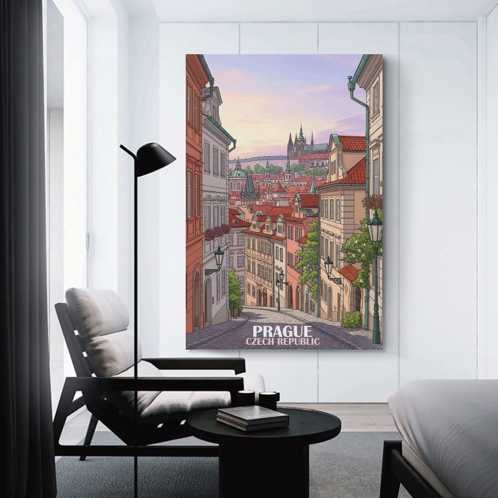 Junmoney Twilight Prague Street & Spires Hanging Wall Art, 20x30inch(50x75cm), for New Homes, Bedrooms Or Workspaces, Thoughtful Wall Decor for Art Lovers