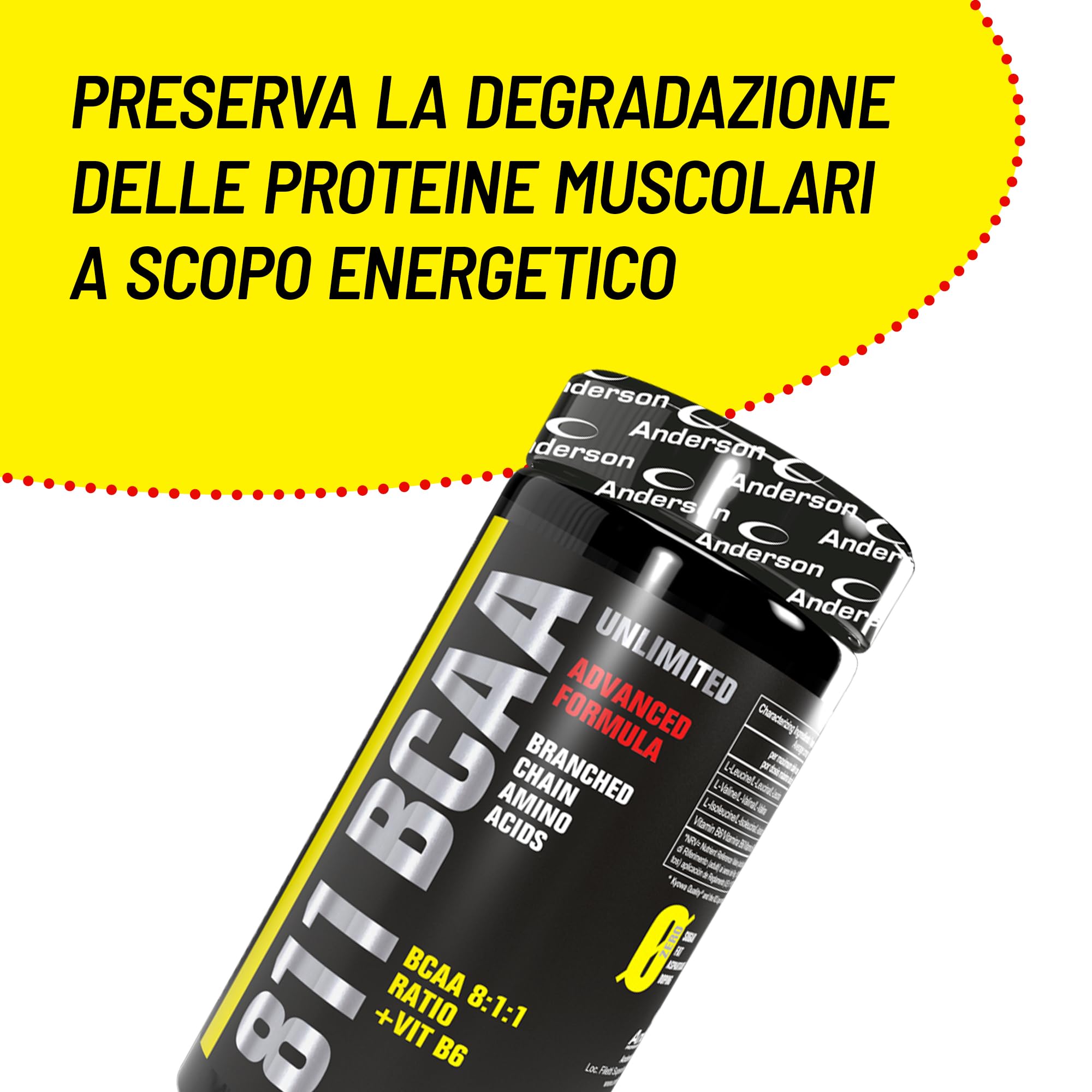 Anderson 811 BCAA UNLIMITED È un integratore di aminoacidi ramificati in rapporto 8:1:1 combinati con Vitamina B6 | 200 cpr | Made in Italy