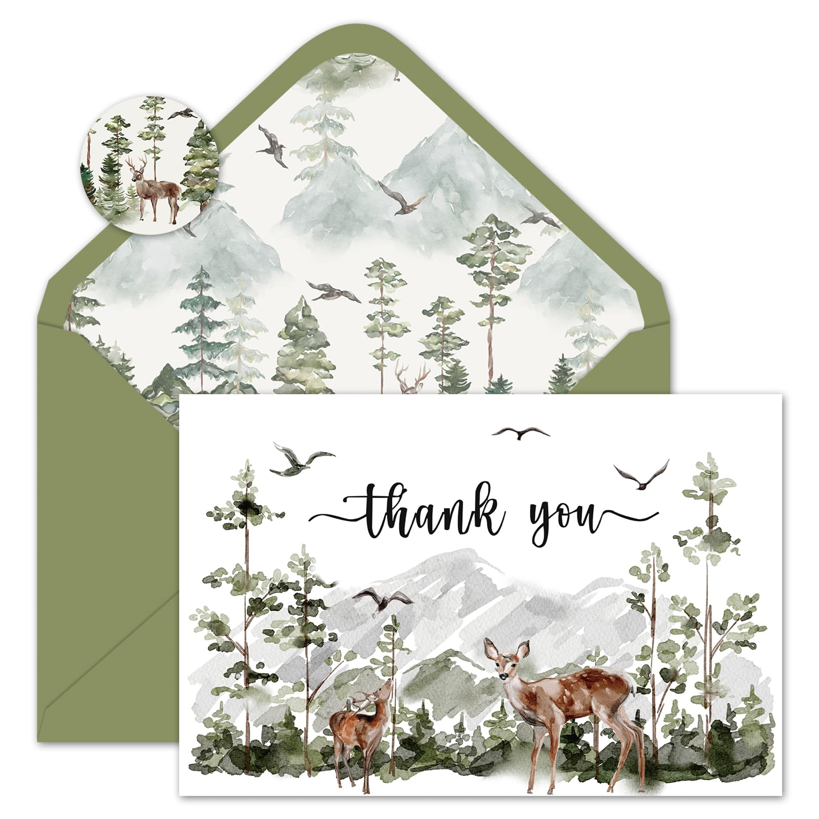 JarThenaAMCS Paquete de 36 tarjetas de agradecimiento con diseño de bosque, acuarela, bosque, alce, ciervo, tarjetas de agradecimiento en blanco con sobres, calcomanías para baby shower, cumpleaños,