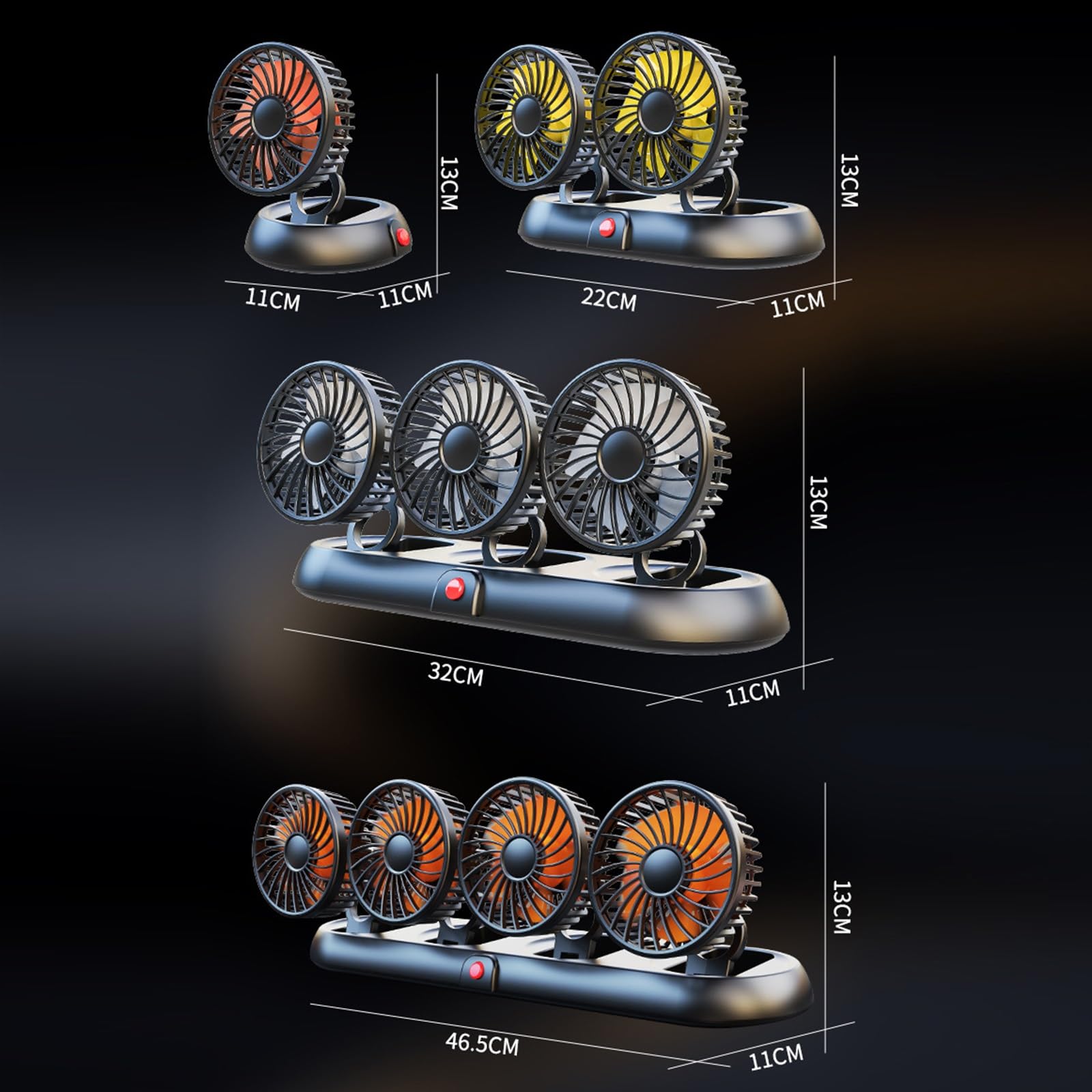 Ventilatore Elettrico Automobilistico Regolabile A 360° Auto USB 5V/12V/24V | Ventola USB 5V//12V/24V Ventola silenziosa per auto a 3 velocità per casa, scrivania, ufficio e auto(Yellow 4-head 12V)