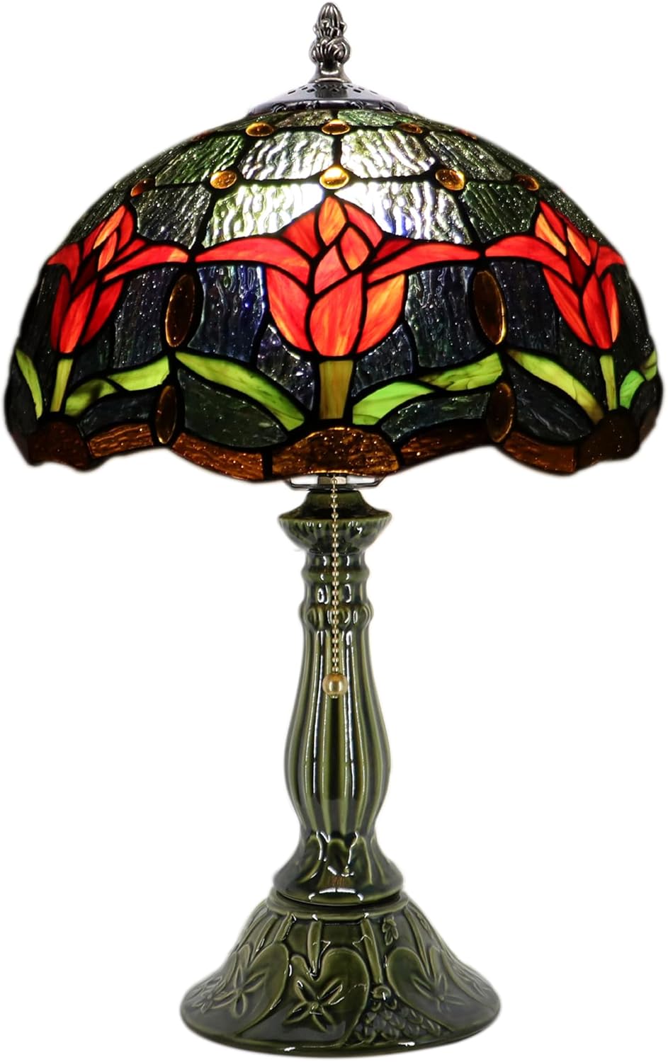 Tiffany Lamp Stained Glass Table Lamps Red Tulip Style Desk Lamp 12X12X18.5 Inch Bronze Ceramic Base Reading Light Suitable for Bedside Bedroom Living Room Dining Room Office
