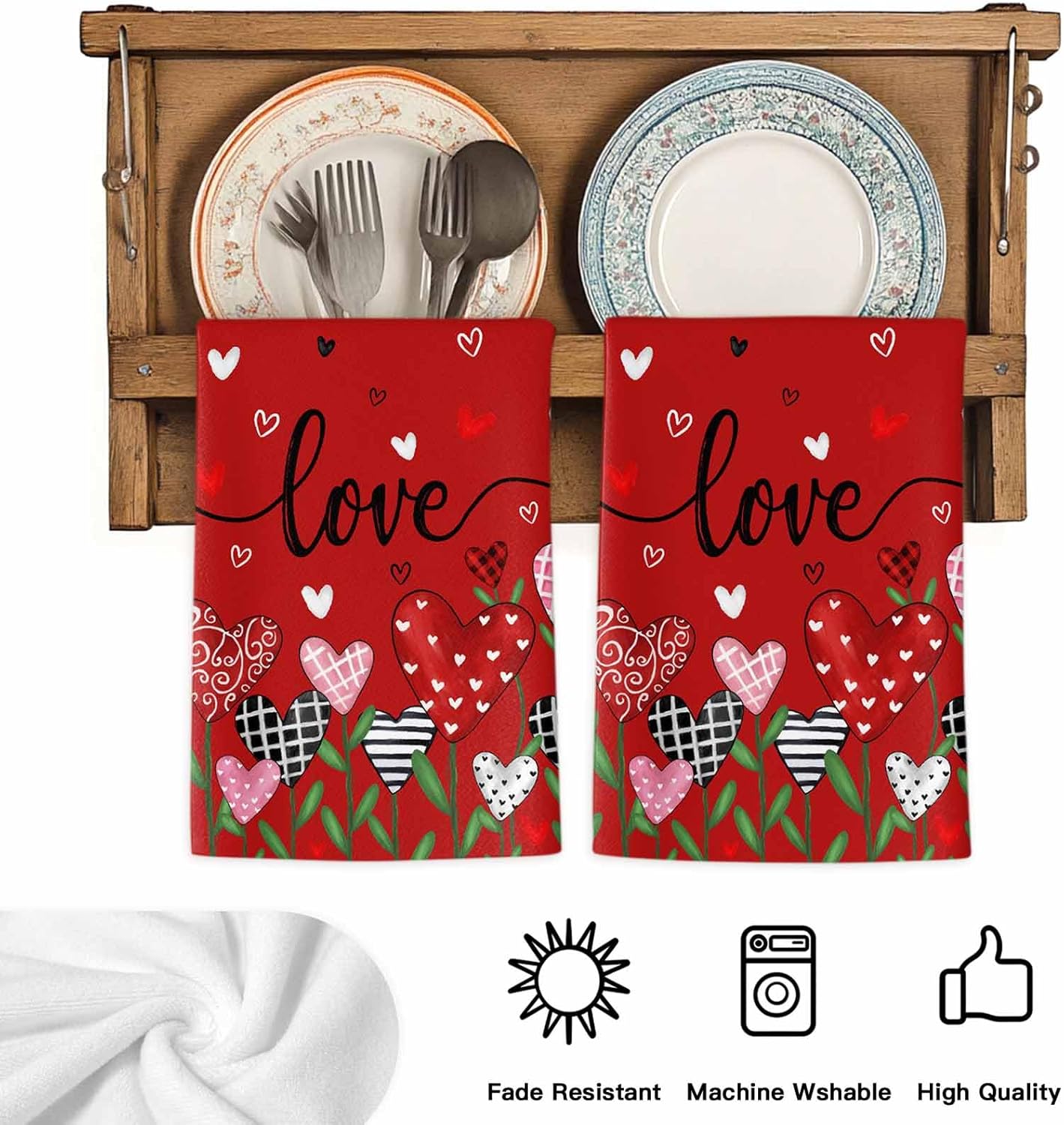 Valentine's Day Red Kitchen Towels Set of 3 Love Heart Flower Hand Towels for Bathroom Absorbent Fast Drying Microfiber Dishtowels Valentines Day Tea Towel for Home Decor