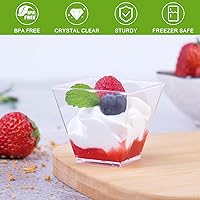 Vista 3 de Zezzxu Paquete de 100 mini tazas de postre de 2 onzas con cucharas, pequeños vasos de plástico para aperitivos, vasos reutilizables para servir