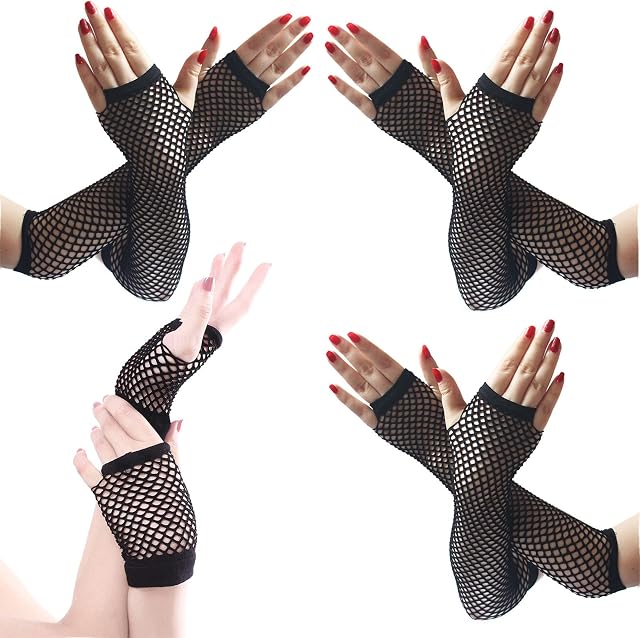 VEGCOO 4 Pairs Fishnet Gloves, 3 Pairs Long Fishnet Fingerless Arm Warmers and 1 Pair Short Fishnet Hand Gloves, 80s Fancy Dress Costume Accessory Party Supplies for Women Girl Ladies