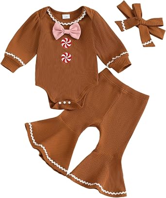 Hnyenmcko Newborn Baby Girl Clothes Ribbed Long Sleeve Ruffle Romper Bell-Bottom Pants Headband Set 3Pcs Fall Winter Outfits