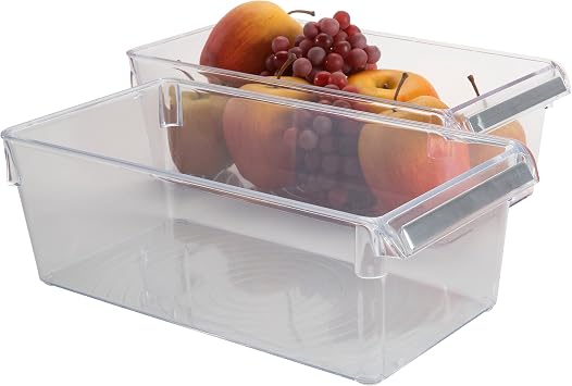 Kitchen Details 2 Pack Medium Refrigerator Storage Bin | Fridge & Freezer | Kitchen Organization | Stainless Steel Handle | Countertop | Cabinets | Pantry | Clear