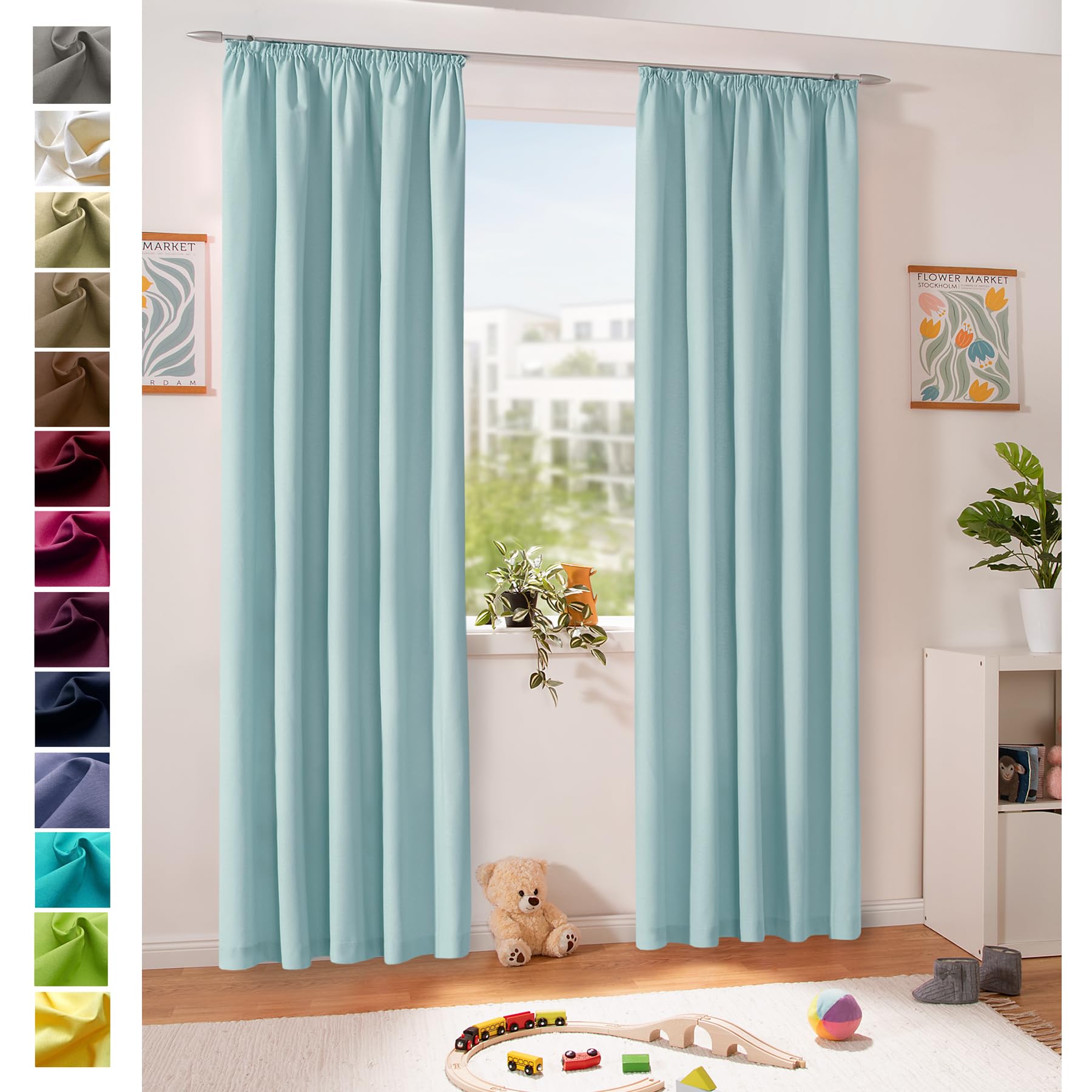 heimtexland ® Dekoschal Baumwolle Uni Blickdicht Vorhang Kräuselband Gardine Kinderzimmer Pastell Himmelblau HxB 245x135 Typ625
