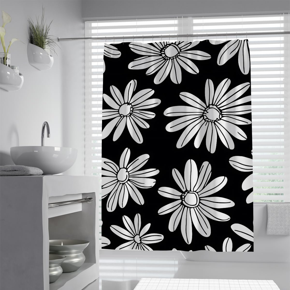 Moderner Retro-Duschvorhang Minimalistischer Gänseblümchenmuster Polyester wasserdichte Badezimmervorhänge Extra Langer Stoff Schwarz-Weiß 180 x 180 cm