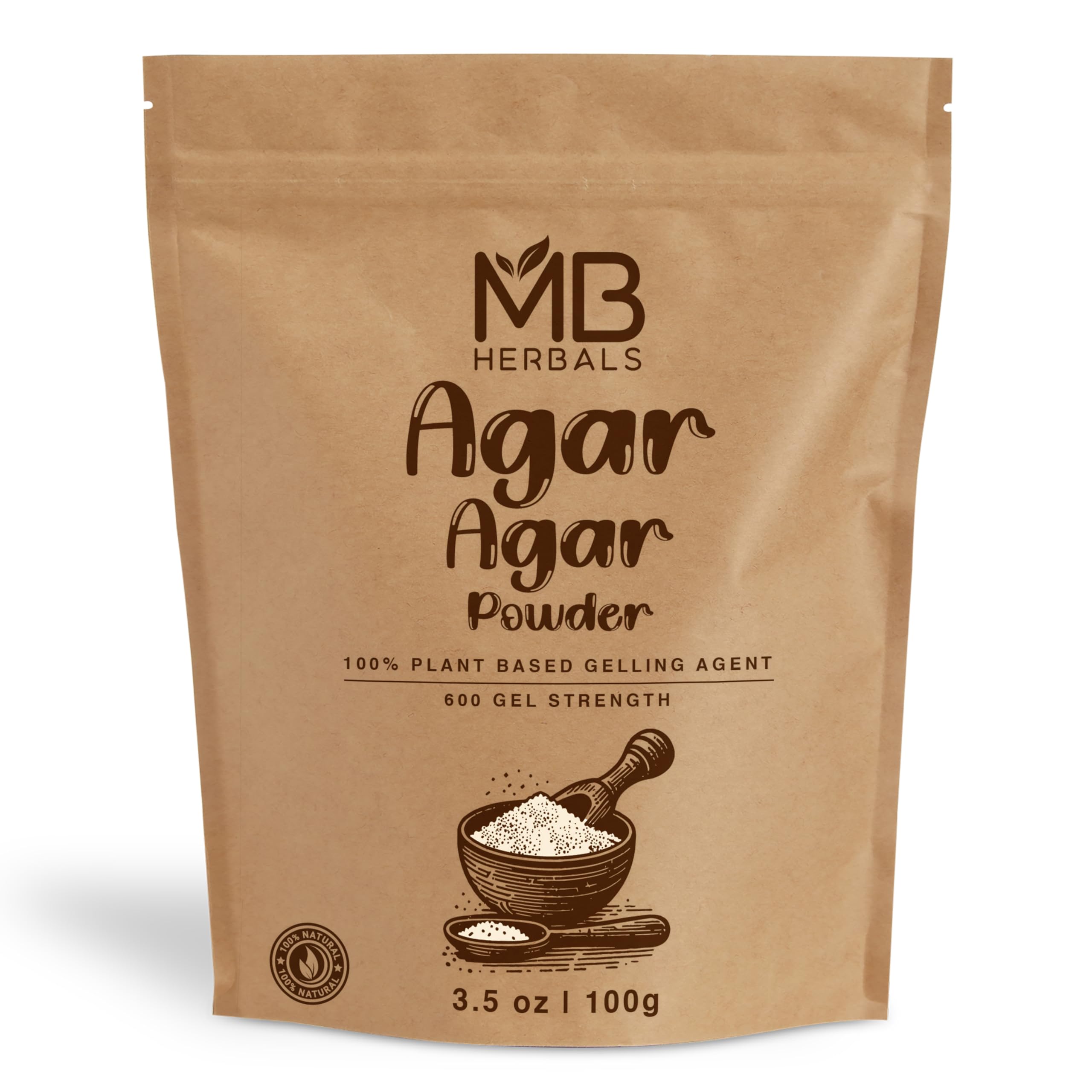 MB Herbals Agar Agar Powder, 3.5 oz (100g) | Plant-Based Gelling Agent | 600 Gel Strength | Vegetarian Gelatin Alternative | Ideal for Jellies, Desserts & Culinary Applications