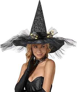 QinYing Halloween Costume Witch Hats Steeple Top with LED Lights for Party (Black Chiffon)
