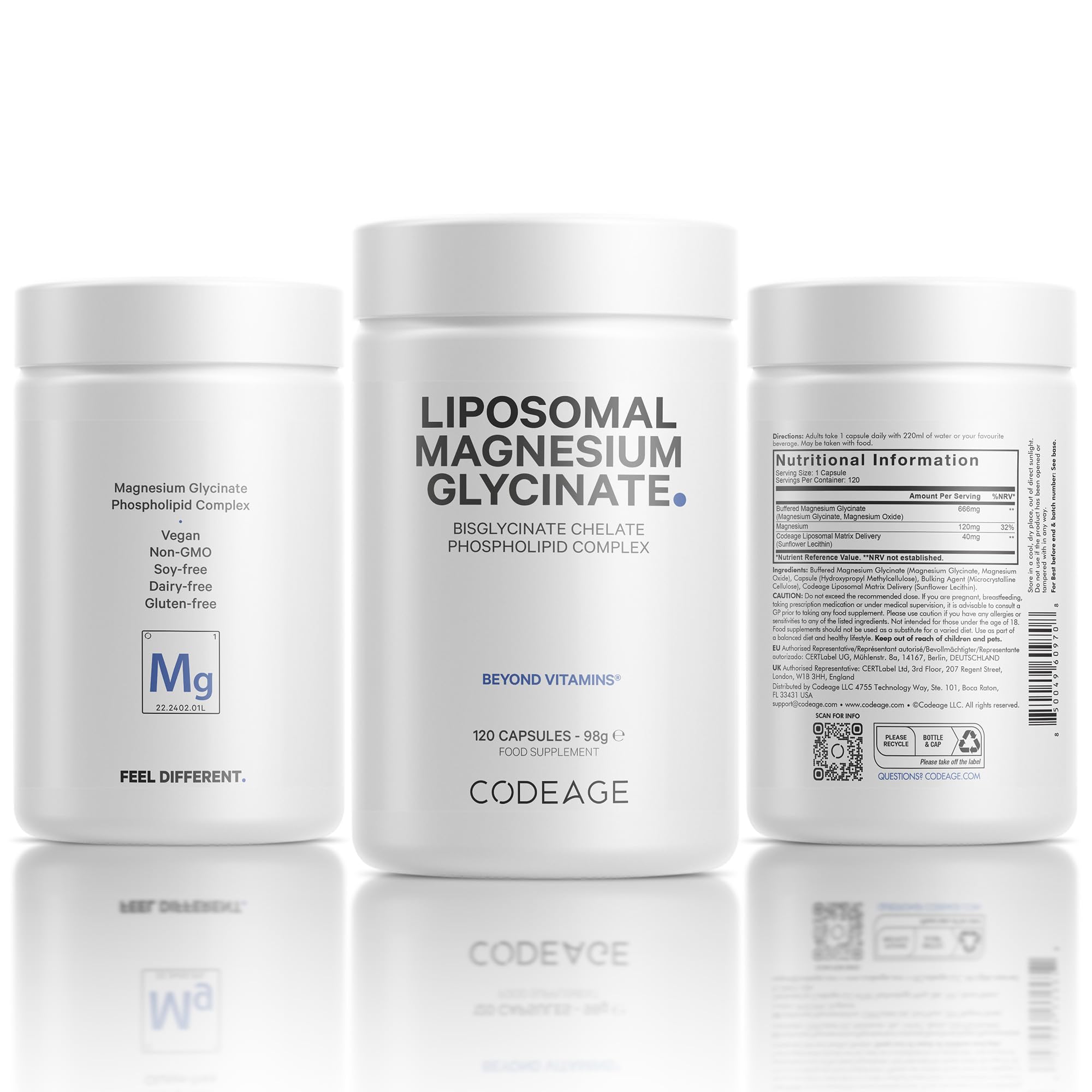 Codeage Liposomales Magnesiumglycinat-Präparat, 4-Monats-Vorrat, Bisglycinat-Magnesiumchelat, Chelatierte Magnesium-Mineralkapseln, Bioverfügbar, Gentechnikfrei, Vegan, Glutenfrei, 120 Kapseln