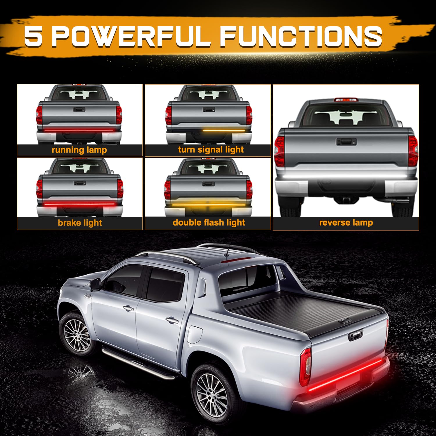 LED Tailgate Light Bar, Niking Auto 60 Inch Quad Row Truck Bed Light Strip Waterproof 5 Function Red Brake, White Backup Reverse, Amber Turn Signal Strobe Light for Pickup SUV Van Dodge Ram Chevy