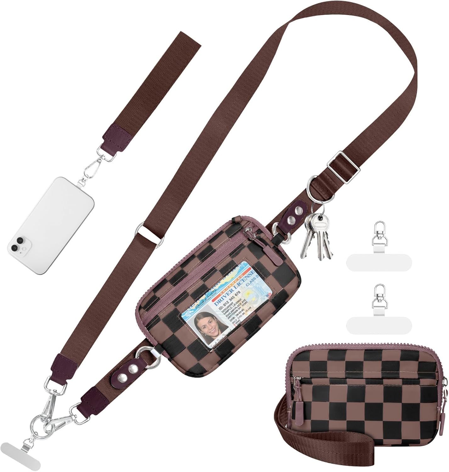 Clip and Go Strap for Phone with Wallet Crossbody Phone Lanyard and Detachable Checkered Bag with ID Window and RFID Pouch for Daily Travel.