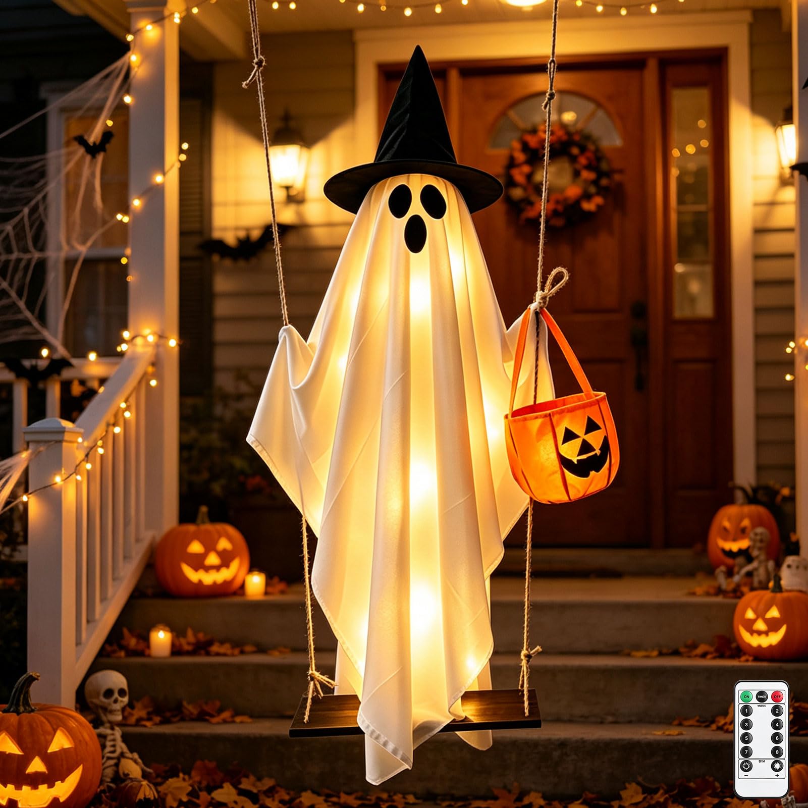 Halloween Deko Outdoor Leuchtend Geister Hängend mit Lichterkette 1.5M (A) | Hängende Geister Schaukel mit Kürbis Tüten, Gruselige Leuchtend Geist mit Hexenhut Auf Holzschaukel für Halloween Deko Garten