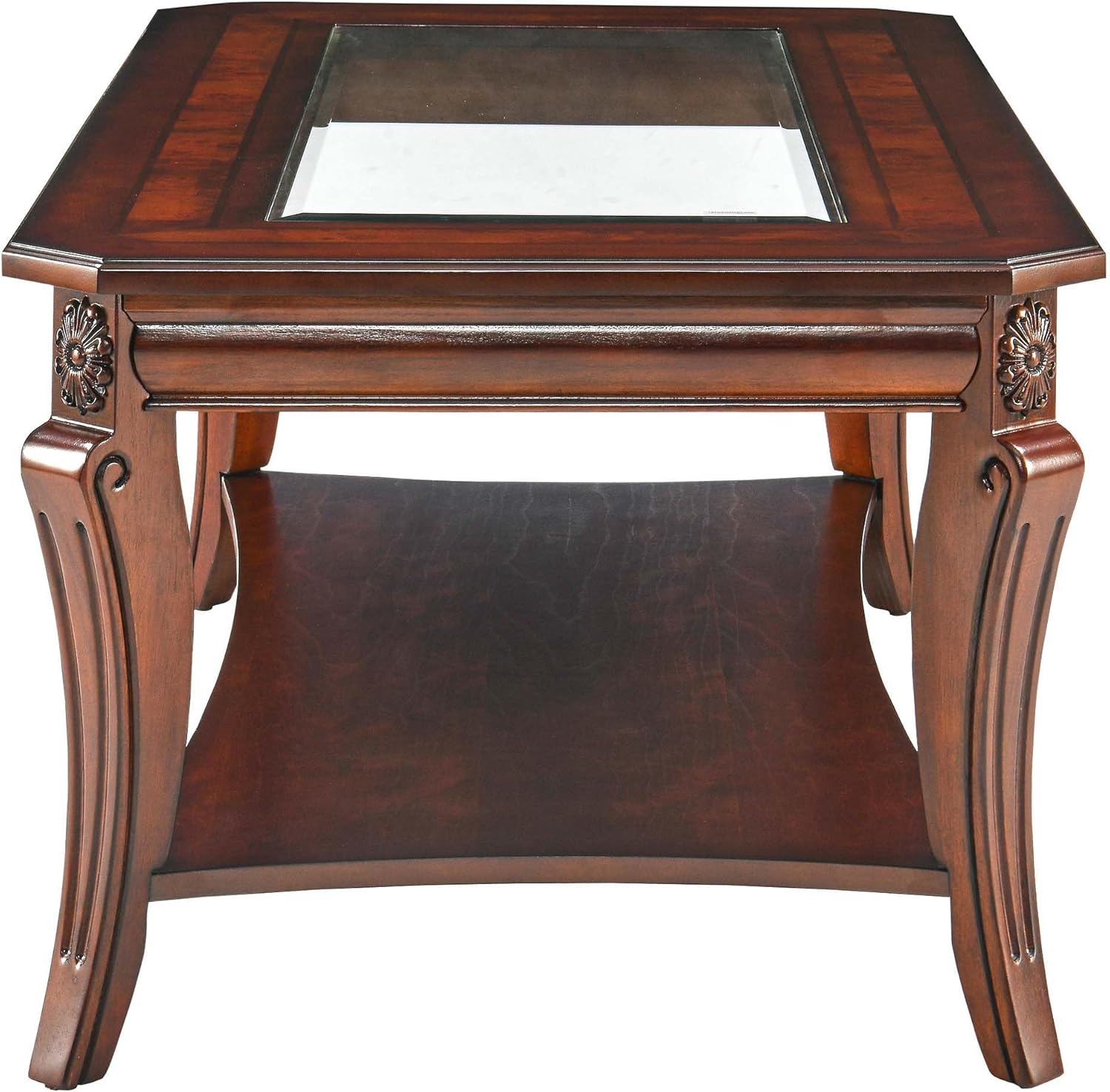 Coffee Table with Tempered Glass Top and Storage Shelf, Farmhouse Living Room Tables with Carved Solid Wood Leg, 47.2”L Rectangular Cocktail Center Table-, Easy Assembly Cherry Brown KFZ-A1168-GT