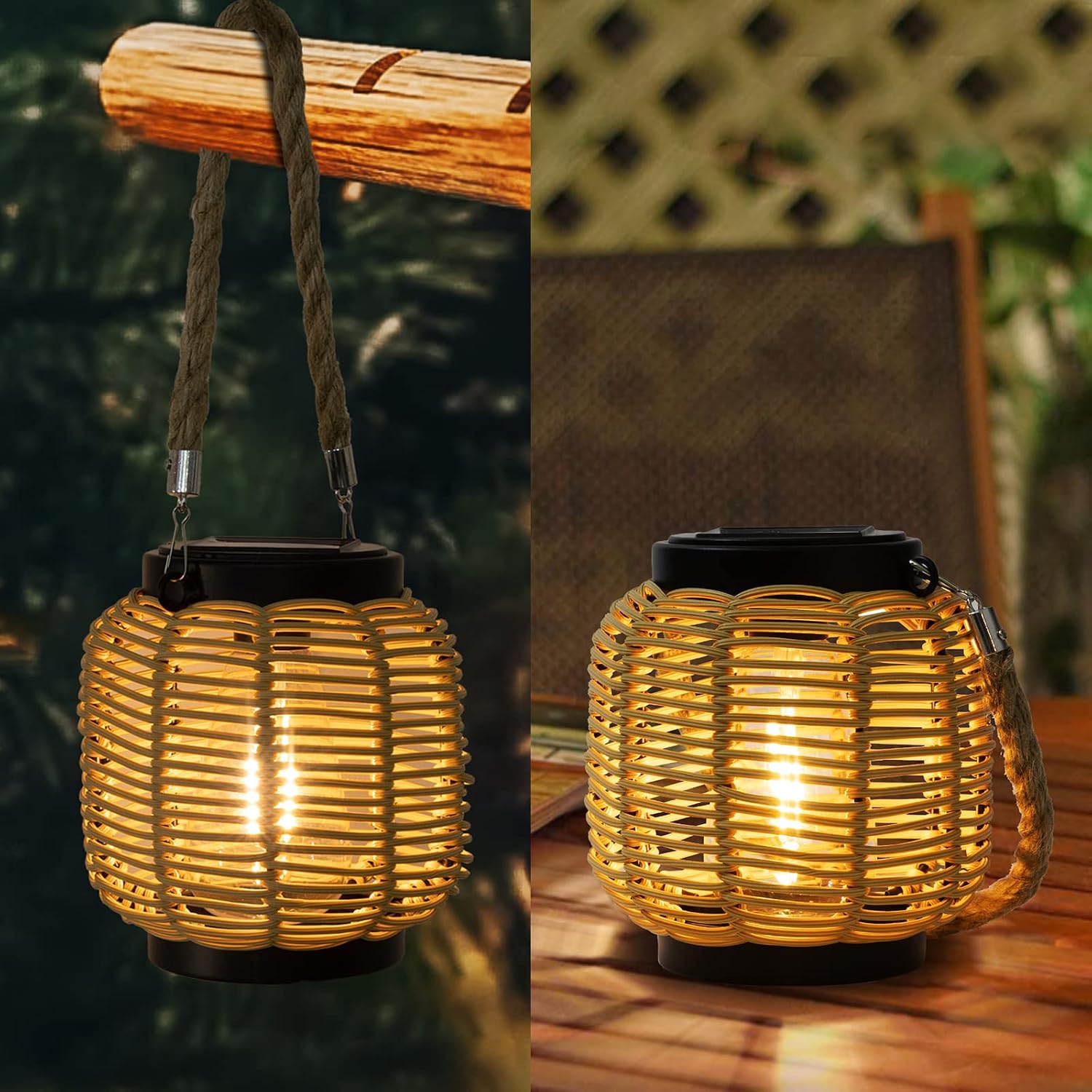 Livinlarge Solar Rattan Lantern with Twine Handle - Outdoor Waterproof Solar Lanterns for Table, Deck, Yard, Patio, Walkway, Porch & Home Decor
