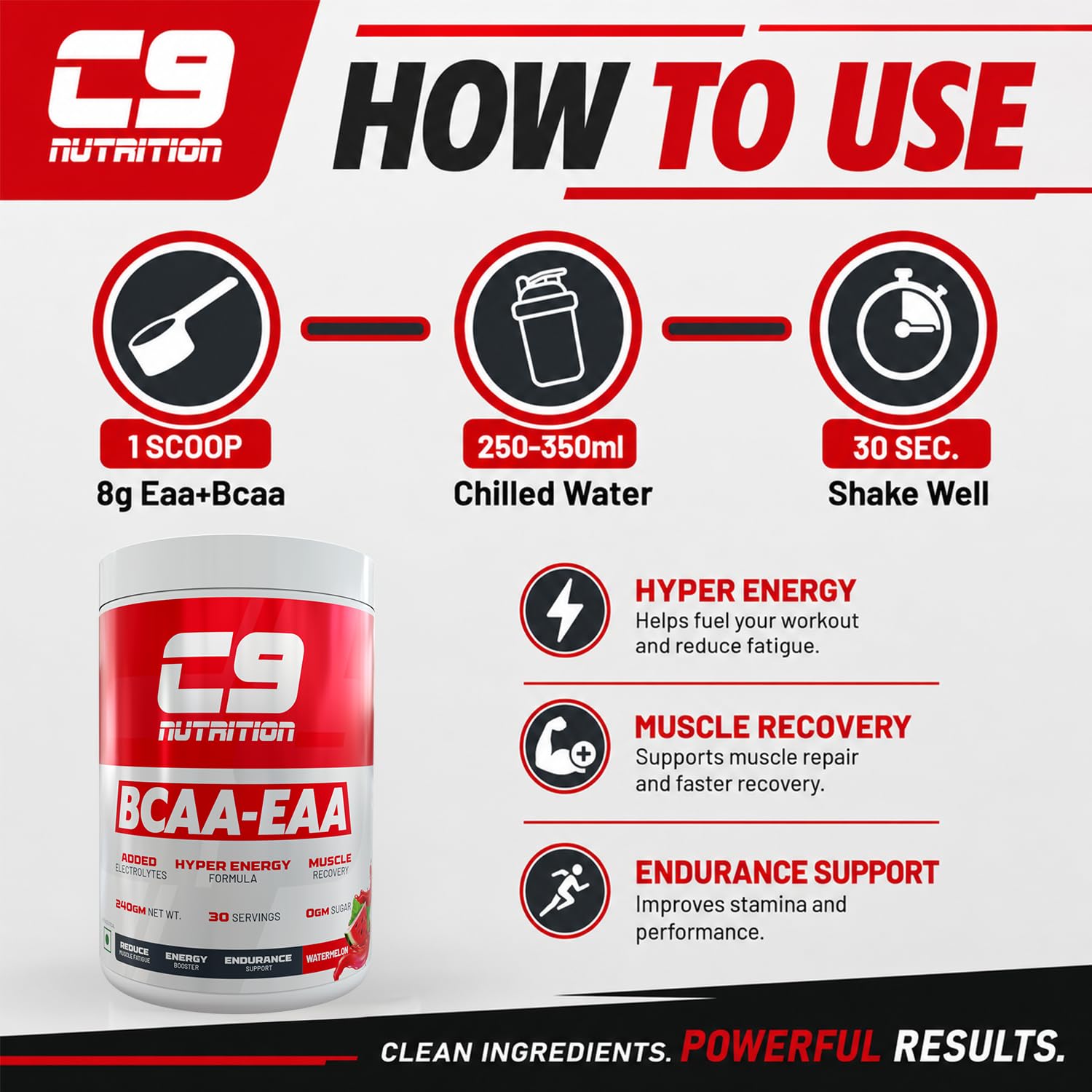 C9 NUTRITION BCAA EAA Powder with 5000mg BCAA, 9000mg EAA & 500mg L-Arginine | Sugar-Free Amino Acid Supplement with Electrolytes for Workout & Muscle Recovery | 30 Servings, Watermelon Flavour 2