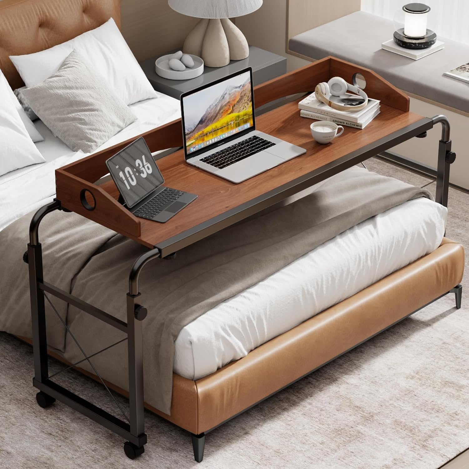 BYMECOST Laptop Desk for Bed, Adjustable Height & Length Laptop Bed Table,Overbed Table with Wheels for King & Queen Size Beds,Rolling Standing Desk,Over Bed Table for Working Reading Eating Oaken