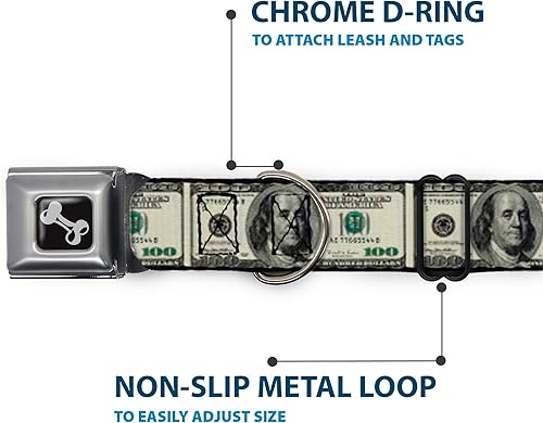 Miniatura 5 de Buckle-Down Collar de perro con hebilla de cinturón de seguridad, billetes de 100 dólares, 1 pulgada de ancho, se adapta a cuello de 15 a 26