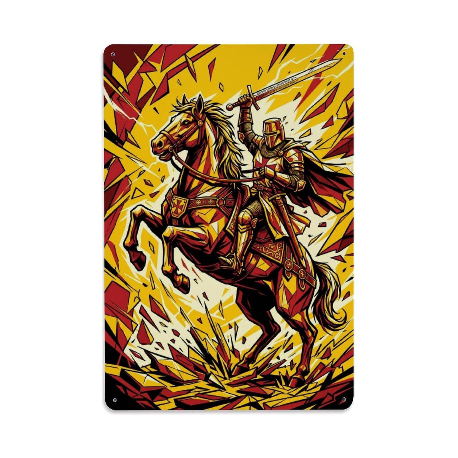 Olhnbad Style Mounted Charge Medieval Armour Knight Templar Abstract Metal Tin Sign