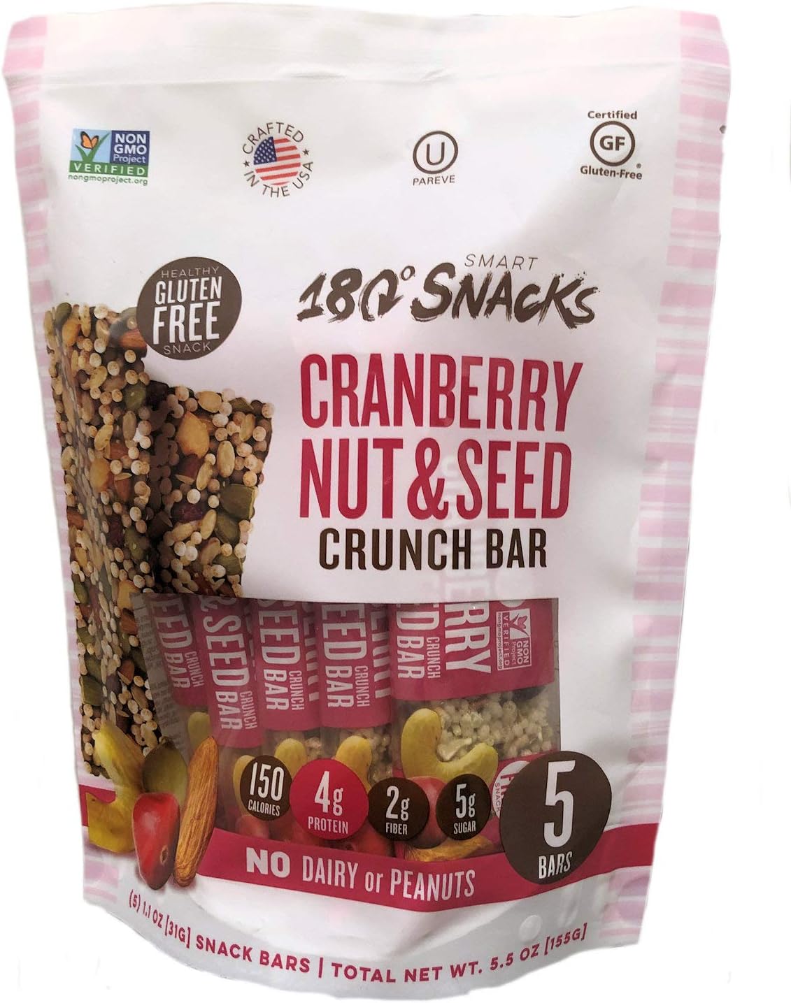 180 Snacks Fruit Nut & Seed Crunch Bar 1 Pack, 5 Snack Bars (Cranberry)