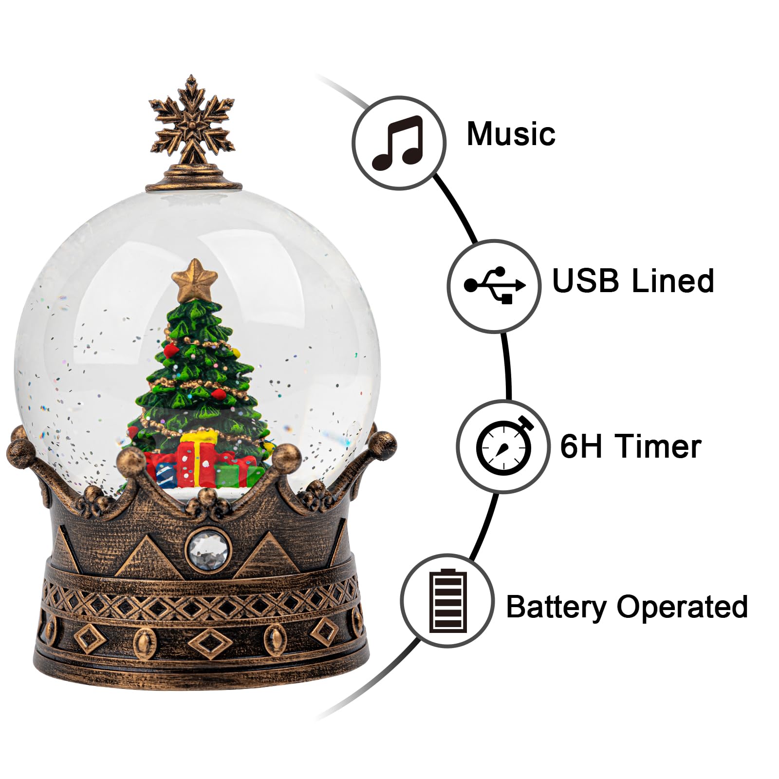 Snow Globe Lighted Christmas Decorations, Christmas Tree Musical Crown Snow Globe with Swirling Glitter, Christmas Holiday Party Gifts and Decorations