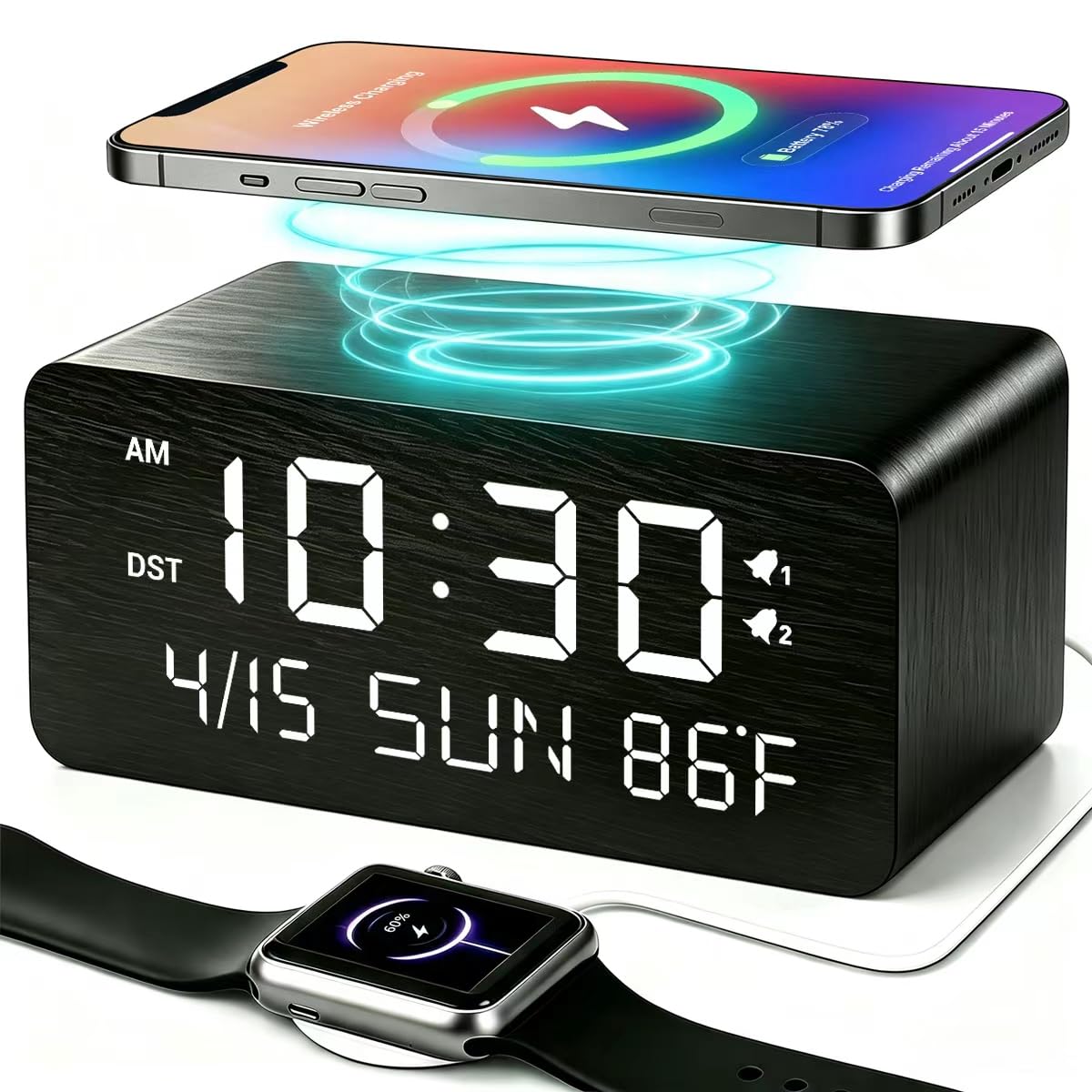 Andoolex Wooden Digital Alarm Clock with Wireless Charger